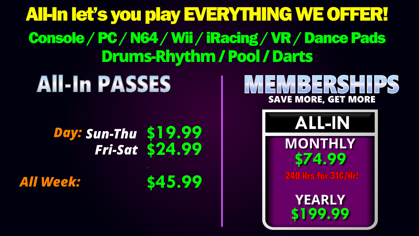 All-in Passes and Memberships.  Play EVERYTHING We offer for one low price!