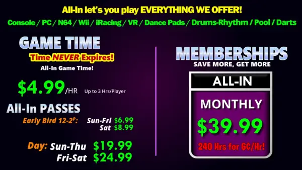 All-in Passes and Memberships.  Play EVERYTHING We offer for one low price!