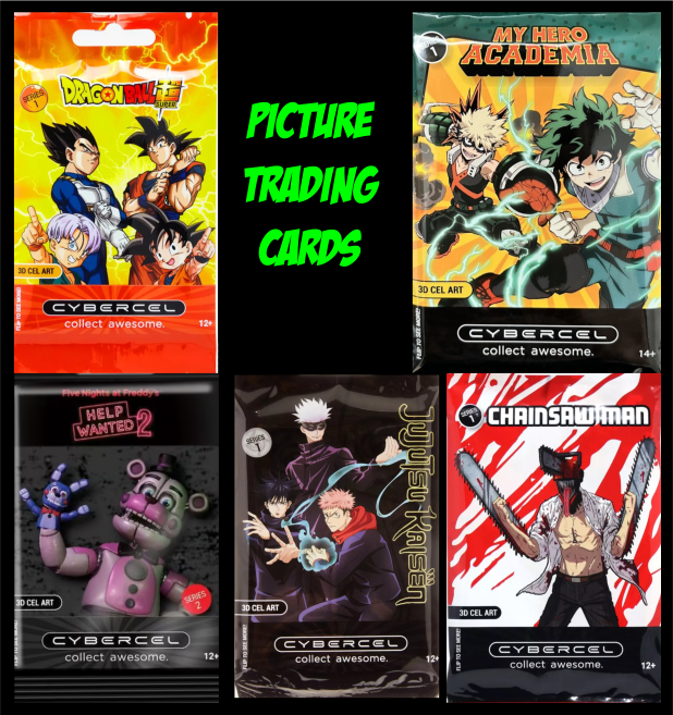 Cybercel picture trading cards, FNAF, My Hero Acedemia, Dragonball Z